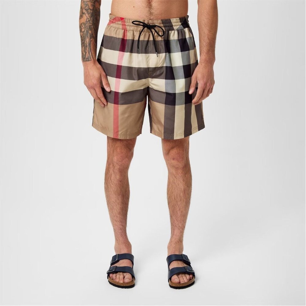 BURBERRY Check Plaid Swim Trunks Shorts Arc Beige MENS Size Small NWT